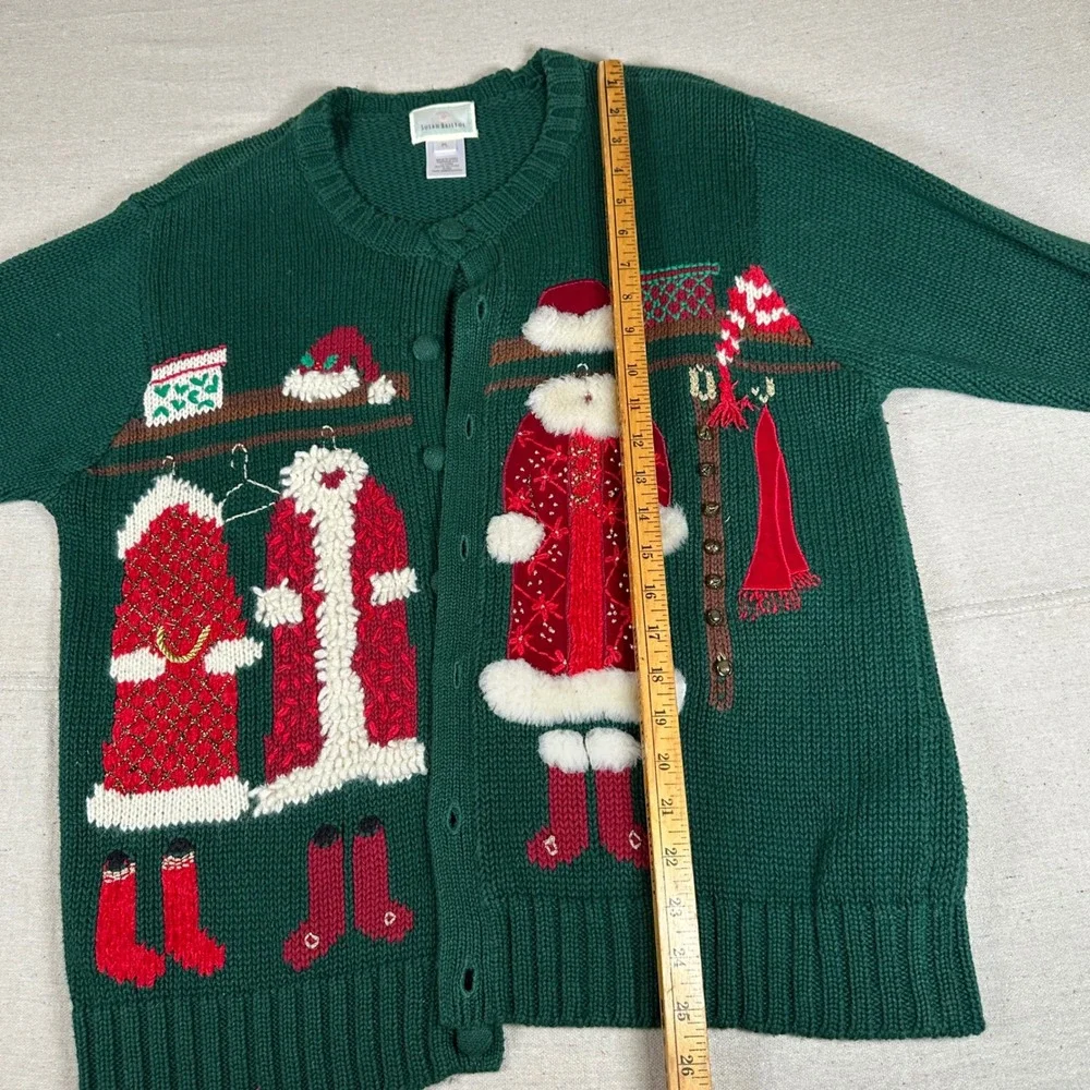 Susan Bristol Vintage 90s Christmas Cardigan Sweater Green Embroidered‎ Novelty